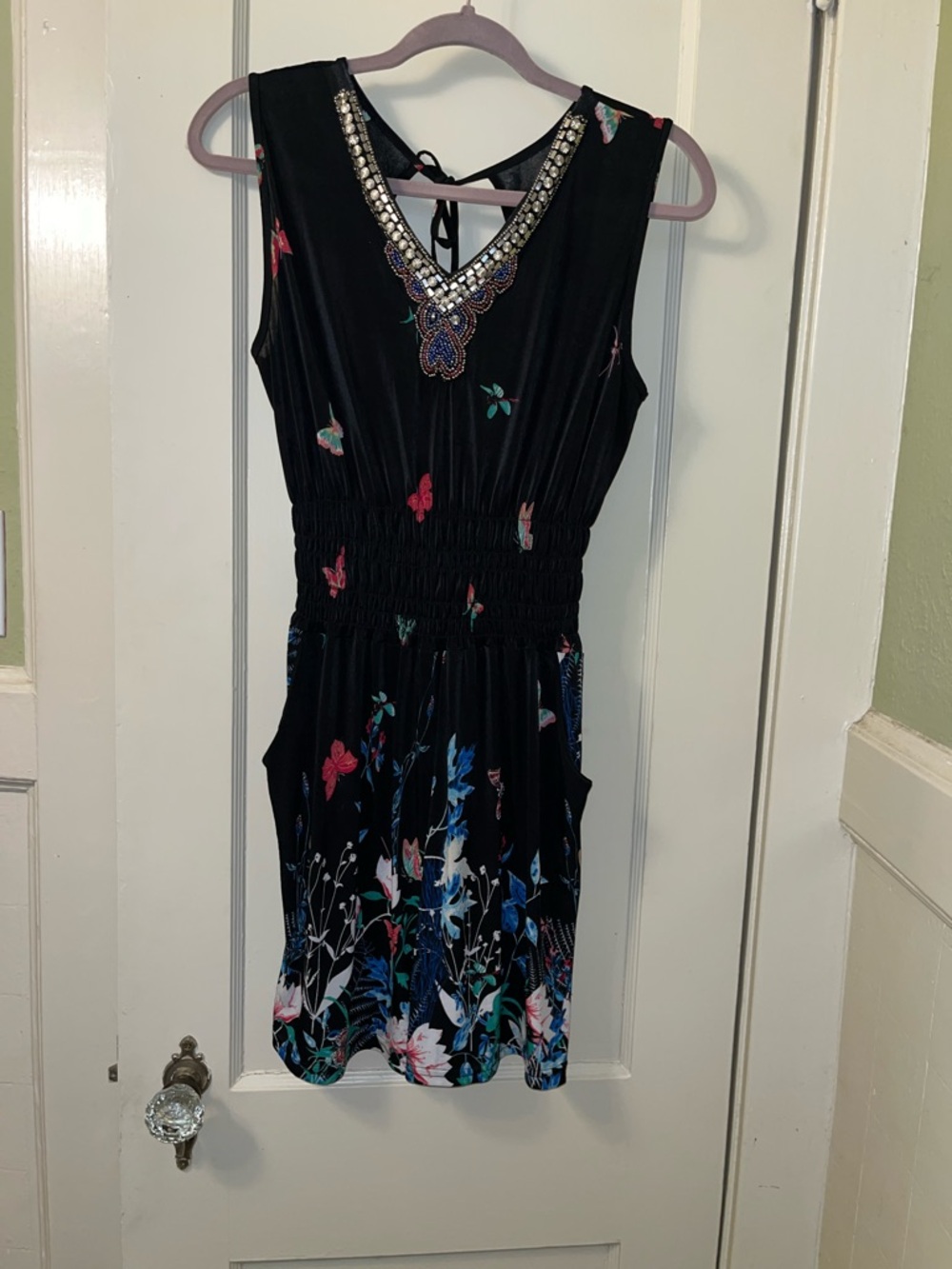 Black Butterfly Embellished V-Neck Women's Romper